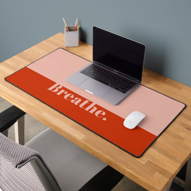 Funny Breathe Modern Minimalist Bold Orange Pink Desk Mat (Office 2)