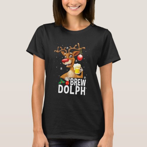 Funny Brew Dolph Reindeer Drinking Beer Matching C T_Shirt