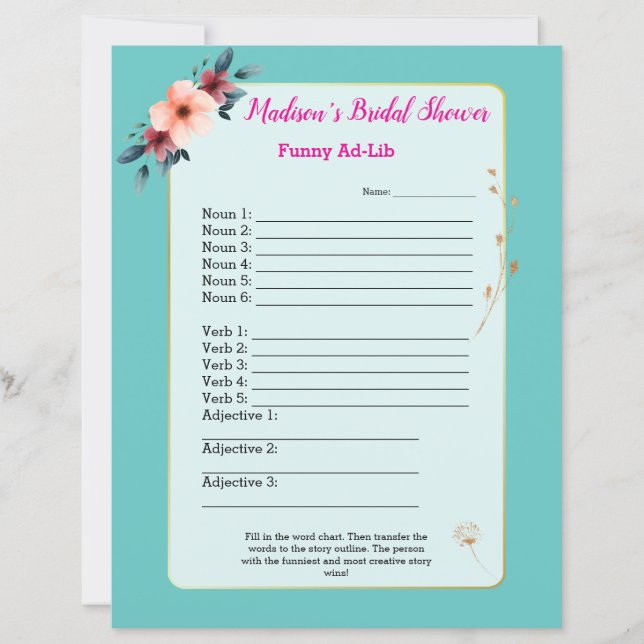 Funny Bridal Shower Game 🎉 Ad-Lib  (Front)