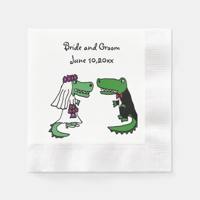 Funny Bride and Groom Alligator Wedding Art Napkins (Front)