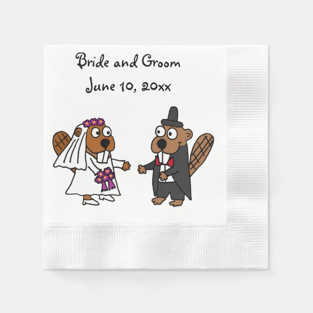 Funny Bride and Groom Beaver Wedding Design Paper Napkins (Front)