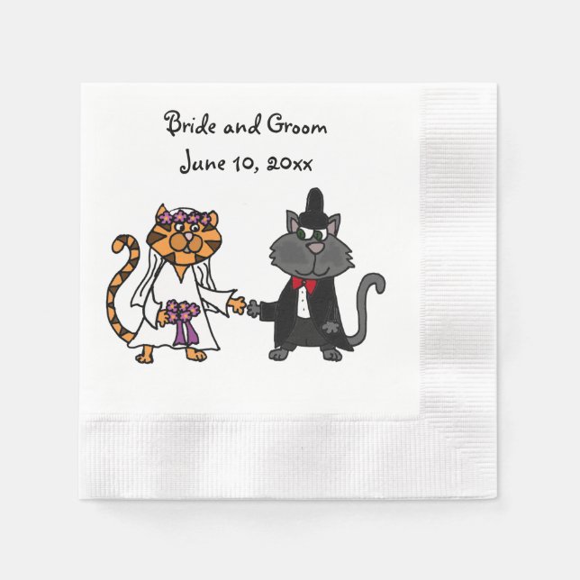 Funny bride and groom Cat Wedding Art Napkins (Front)