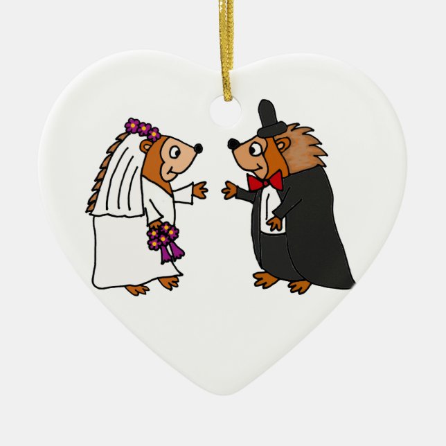 Funny Bride and Groom Hedgehog Wedding Art Ceramic Ornament (Front)