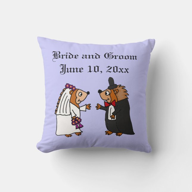 Funny Bride and Groom Hedgehog Wedding Art Throw Pillow (Front)