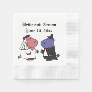Funny Bride and Groom Hippo Wedding Cartoon Paper Napkins