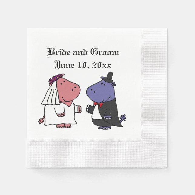 Funny Bride and Groom Hippo Wedding Cartoon Paper Napkins (Front)