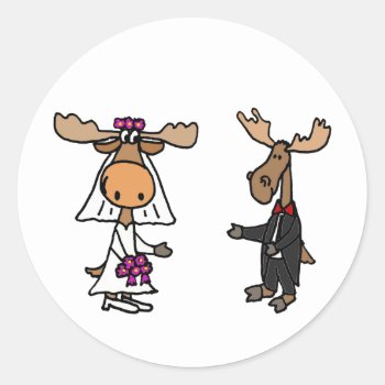 Funny Bride And Groom Moose Wedding Classic Round Sticker by AllSmilesWeddings at Zazzle