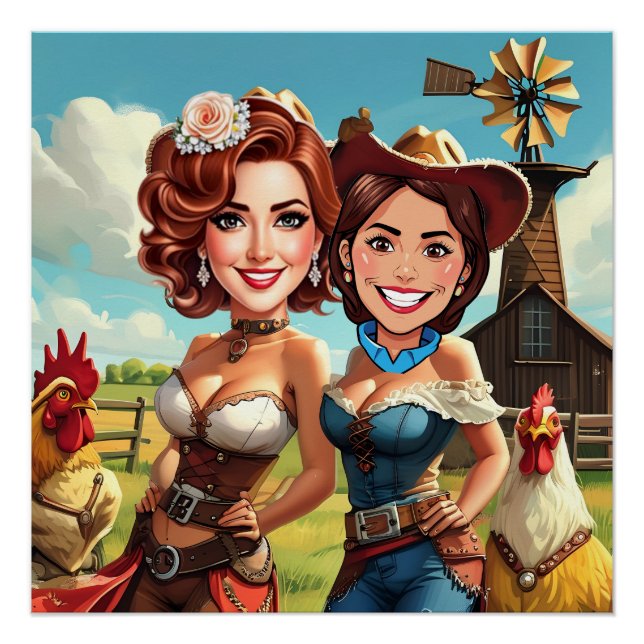 Funny Bride to be Cowgirls Caricature Poster (Front)
