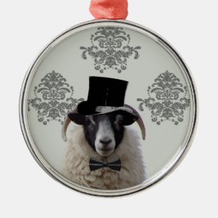 Funny bridegroom sheep in top hat metal ornament