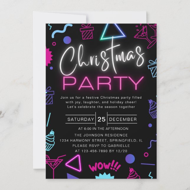 Funny Bright Neon Black Playful Christmas Party Invitation (Front)