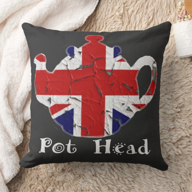 Funny British Teapot Pot Head Distressed Throw Pillow (Blanket)
