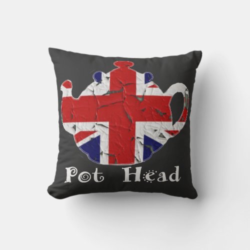 Funny British Teapot Pot Head Distressed Throw Pillow