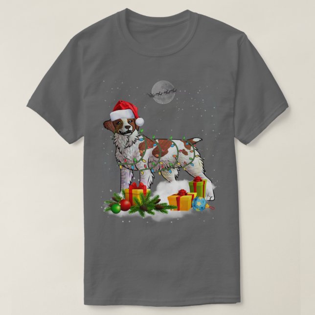 Funny Brittany Spaniel Dog Christmas Lights Santa  T-Shirt (Design Front)