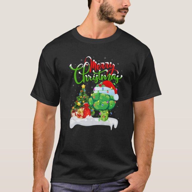 Funny Broccoli Lover Xmas Lighting Santa Broccoli T-Shirt (Front)