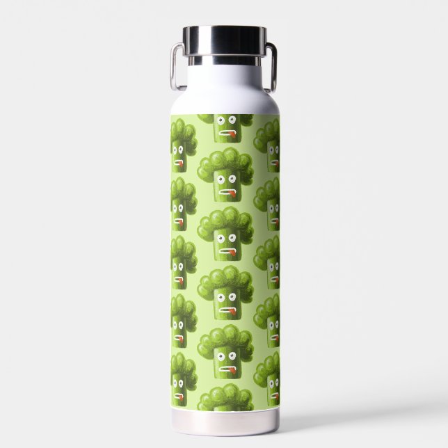 Funny Broccoli Pattern Green Vegan Vegetarian Water Bottle (Front)