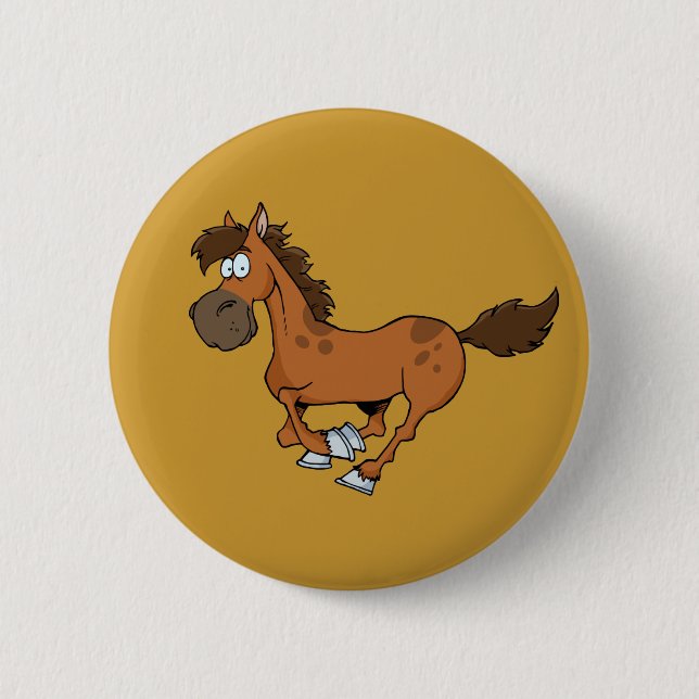 FUNNY BROWN CARTOON HORSE RUNNING GALLOPING BUTTON (Front)