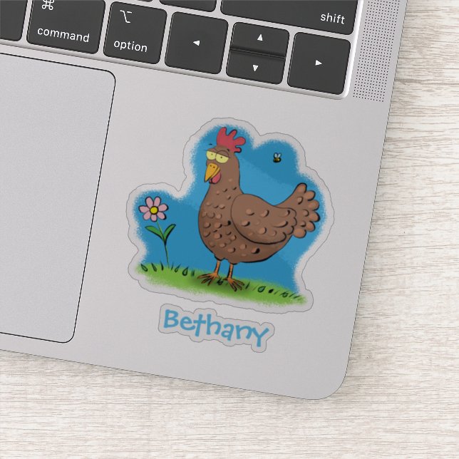 Funny brown contented chicken cartoon illustration sticker (Detail)