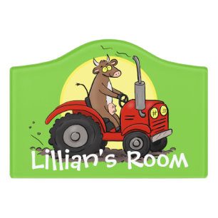 Funny brown cow driving red tractor cartoon door sign