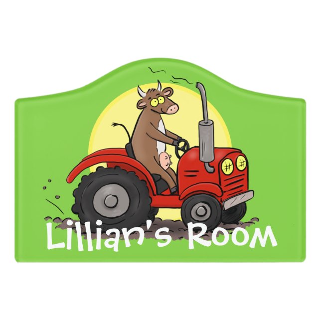 Funny brown cow driving red tractor cartoon door sign (Small Crest Front)