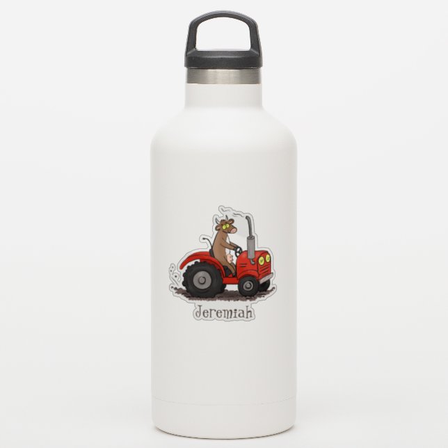 Funny brown cow driving red tractor cartoon sticker (Waterbottle)