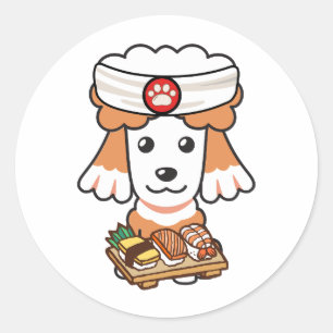 Funny brown dog is a sushi chef classic round sticker