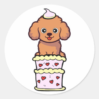 Funny brown dog jumping out of a cake classic round sticker