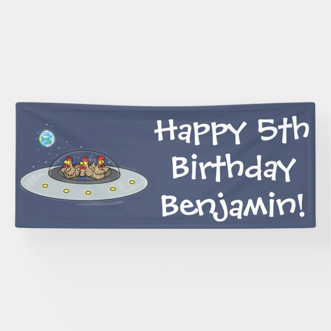 Funny brown farmyard chickens in space cartoon banner (Horizontal)