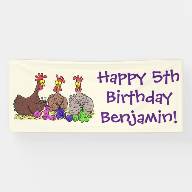 Funny brown farmyard chickens knitting cartoon banner (Horizontal)