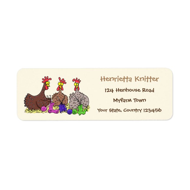 Funny brown farmyard chickens knitting cartoon label (Front)