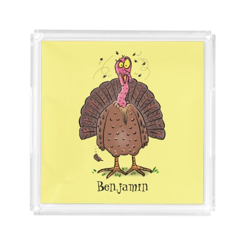 Funny brown farmyard turkey with flies cartoon acrylic tray