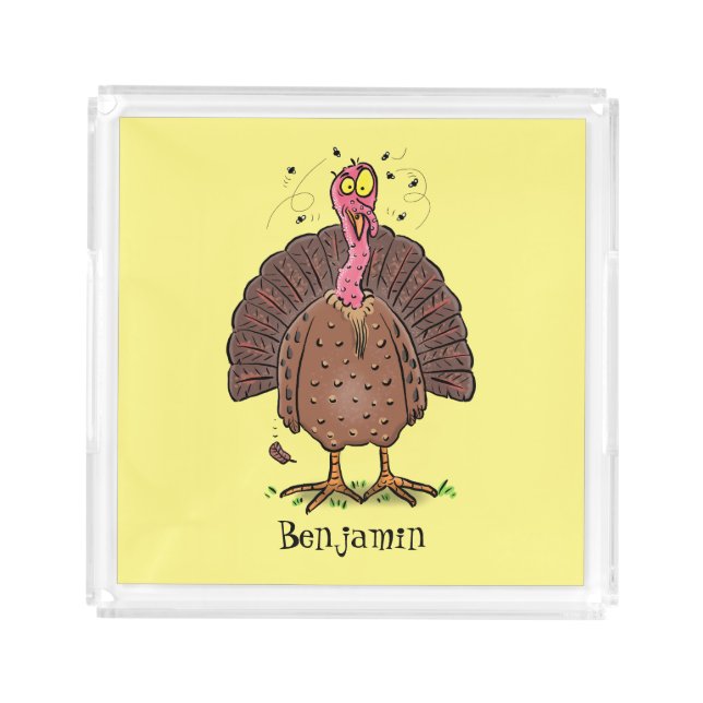 Funny brown farmyard turkey with flies cartoon acrylic tray (Front)