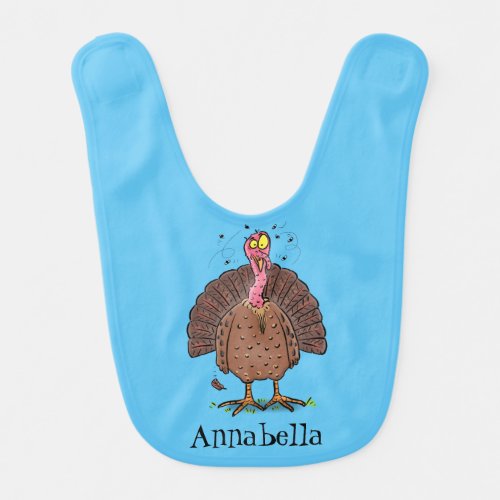 Funny brown farmyard turkey with flies cartoon baby bib