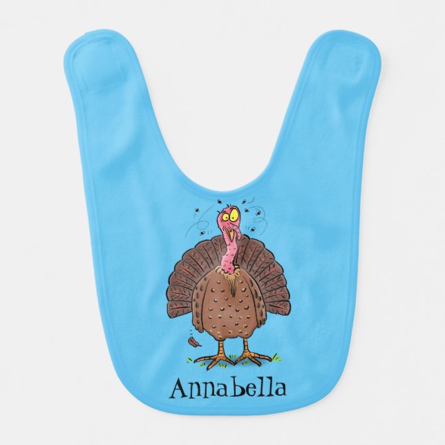 Funny brown farmyard turkey with flies cartoon baby bib (Front)
