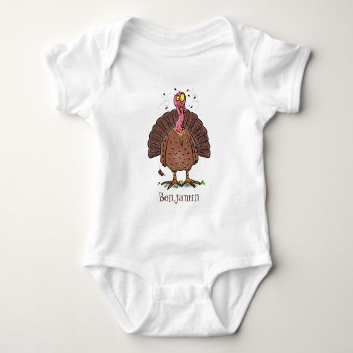 Funny brown farmyard turkey with flies cartoon baby bodysuit