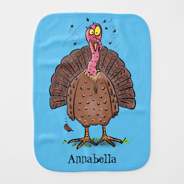 Funny brown farmyard turkey with flies cartoon baby burp cloth (Front)