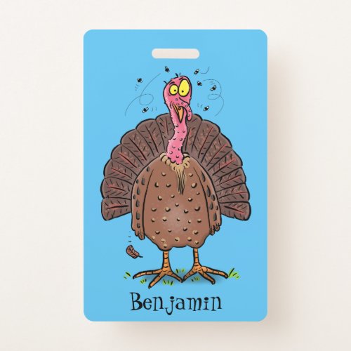 Funny brown farmyard turkey with flies cartoon badge
