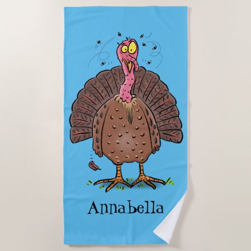 Funny brown farmyard turkey with flies cartoon beach towel