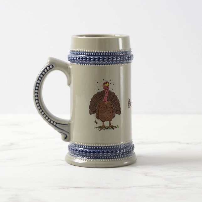 Funny brown farmyard turkey with flies cartoon beer stein (Left)