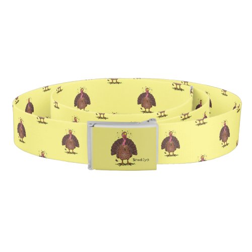 Funny brown farmyard turkey with flies cartoon belt