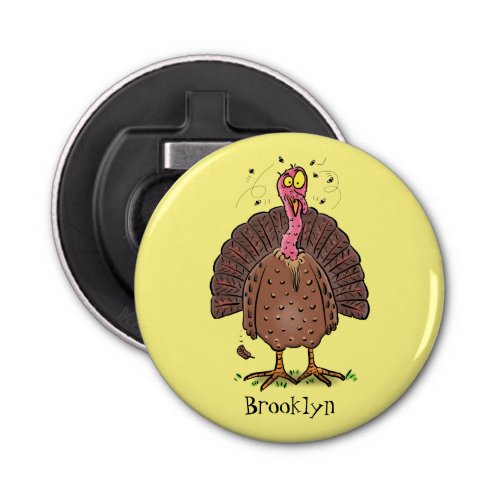Funny brown farmyard turkey with flies cartoon bottle opener