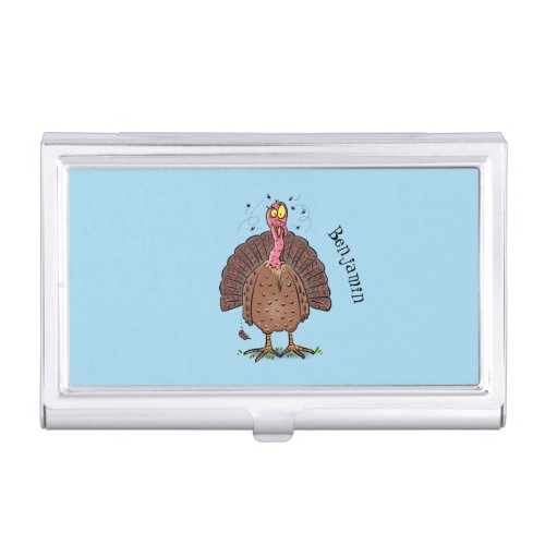 Funny brown farmyard turkey with flies cartoon business card case