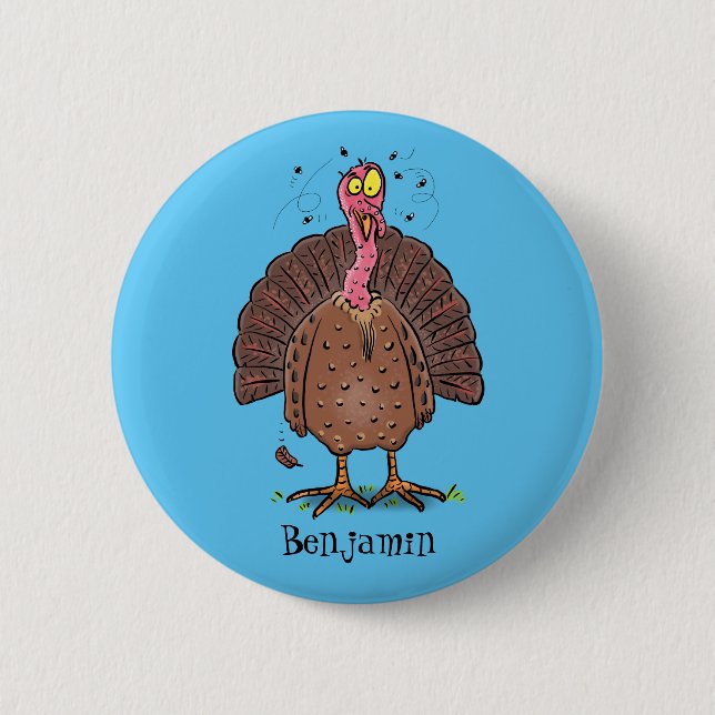 Funny brown farmyard turkey with flies cartoon button (Front)