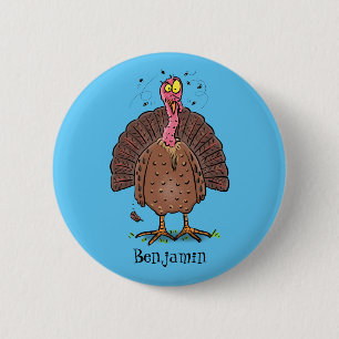 Funny brown farmyard turkey with flies cartoon button