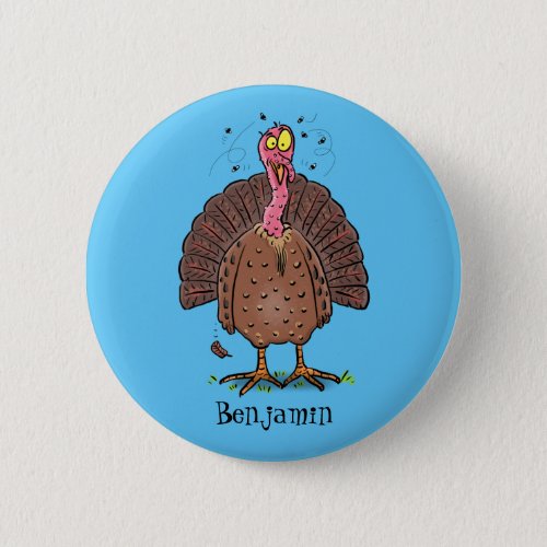 Funny brown farmyard turkey with flies cartoon button