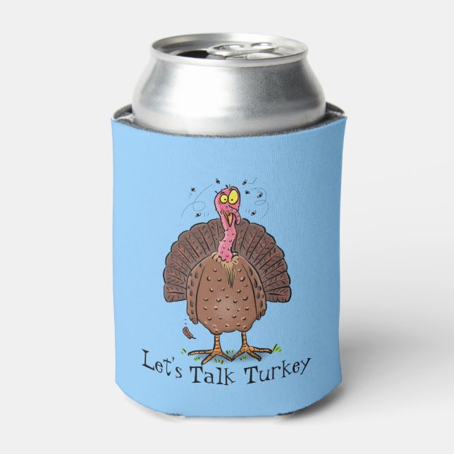 Funny brown farmyard turkey with flies cartoon can cooler (Can Front)