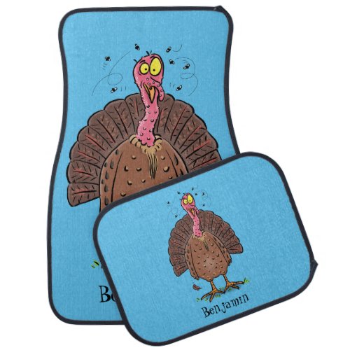 Funny brown farmyard turkey with flies cartoon  car floor mat