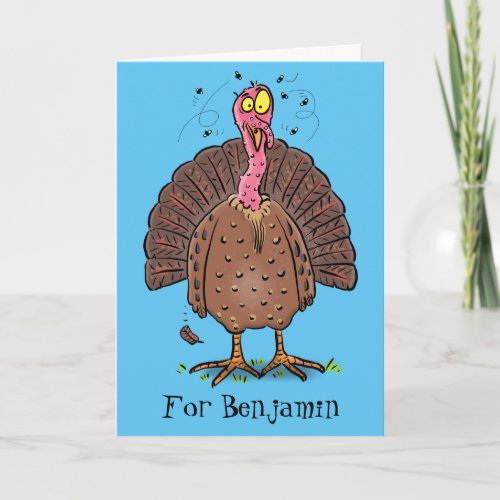 Funny brown farmyard turkey with flies cartoon card