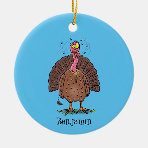 Funny brown farmyard turkey with flies cartoon ceramic ornament