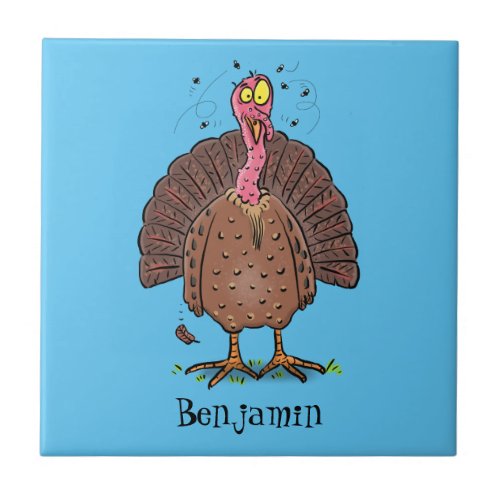 Funny brown farmyard turkey with flies cartoon ceramic tile