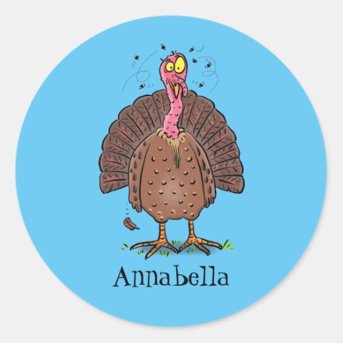 Funny brown farmyard turkey with flies cartoon classic round sticker